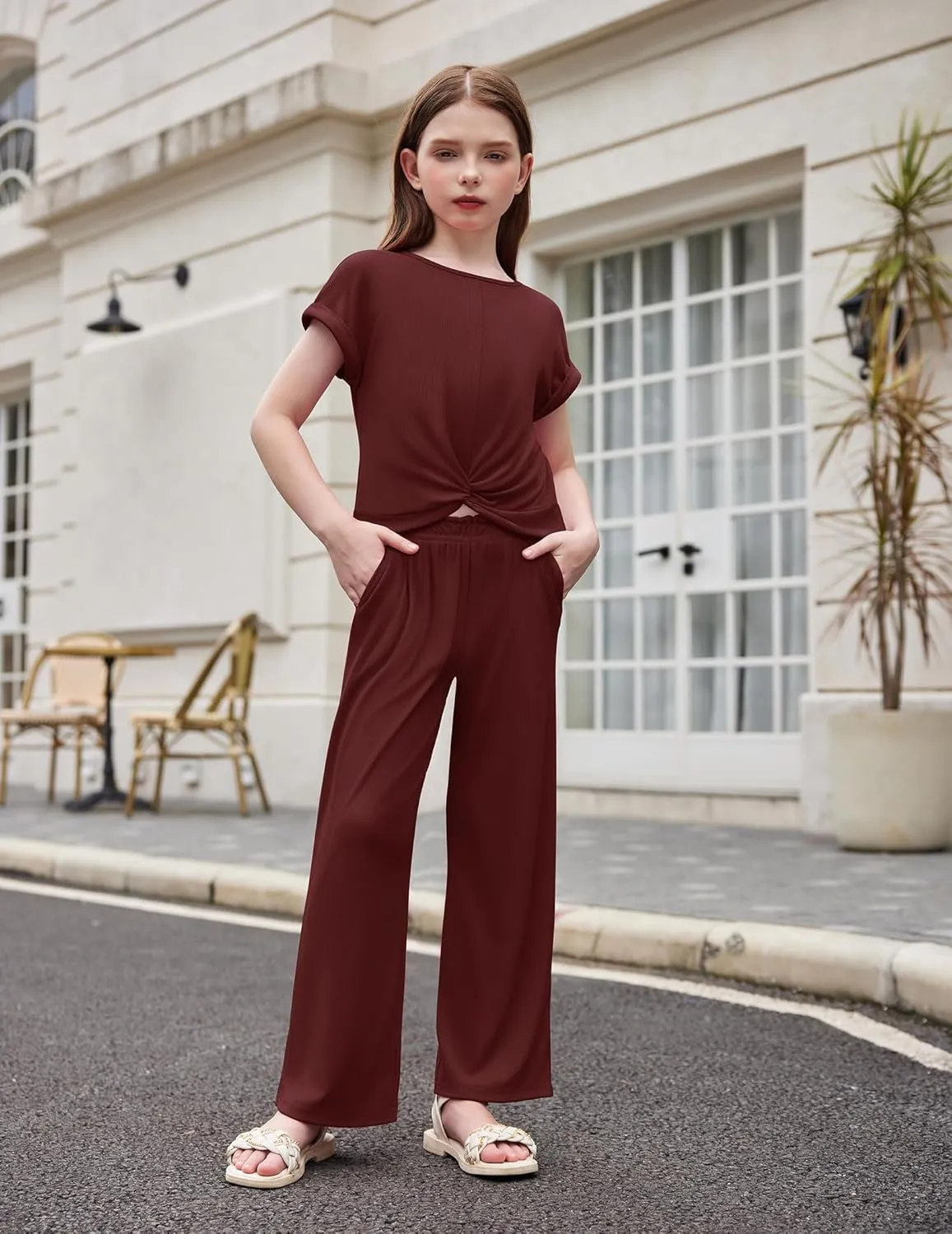 Arshiner Girls 2 Piece Outfits Twist-Front Top and Ribbed Wide Leg Pants Set