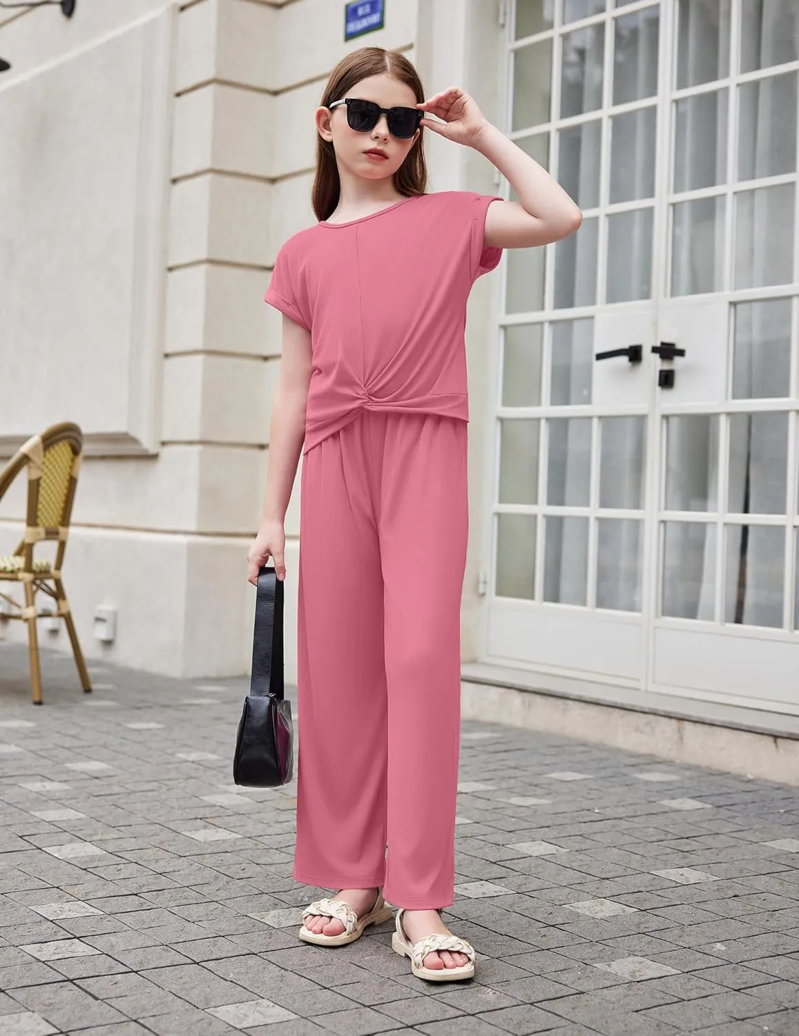 Arshiner Girls 2 Piece Outfits Twist-Front Top and Ribbed Wide Leg Pants Set