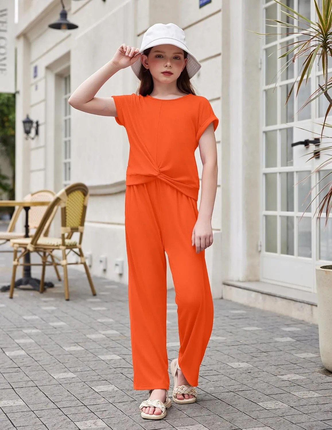 Arshiner Girls 2 Piece Outfits Twist-Front Top and Ribbed Wide Leg Pants Set