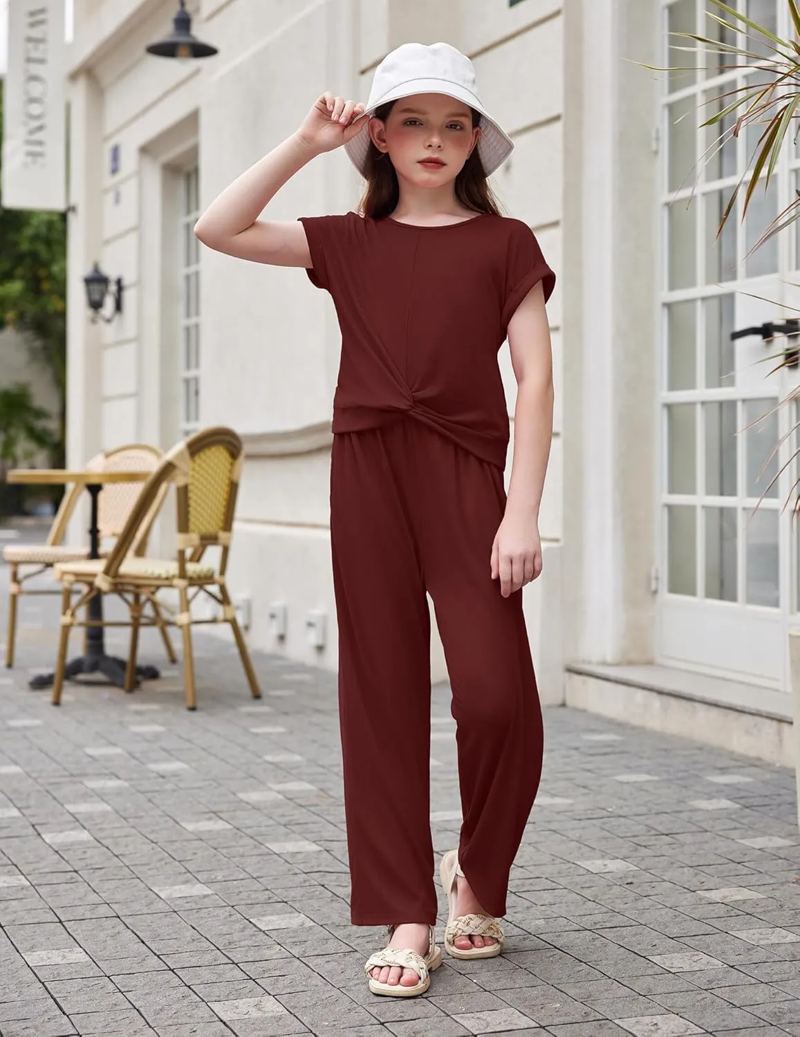 Arshiner Girls 2 Piece Outfits Twist-Front Top and Ribbed Wide Leg Pants Set