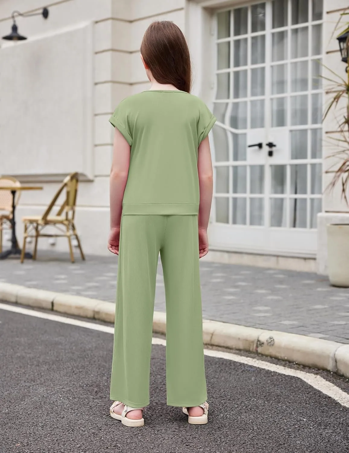 Arshiner Girls 2 Piece Outfits Twist-Front Top and Ribbed Wide Leg Pants Set
