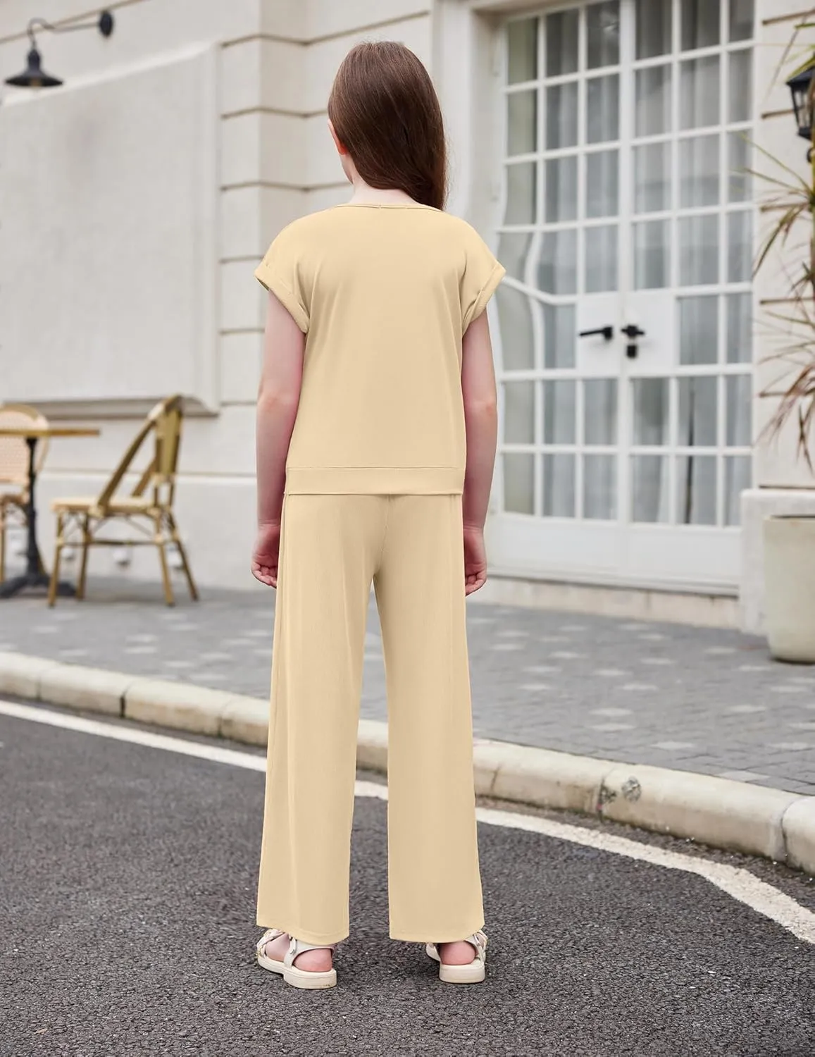 Arshiner Girls 2 Piece Outfits Twist-Front Top and Ribbed Wide Leg Pants Set