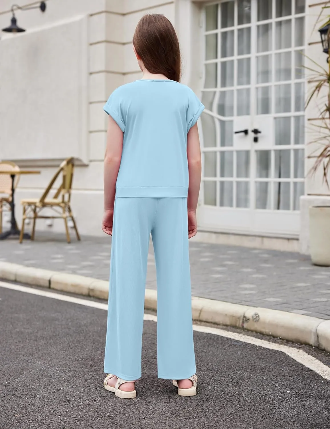 Arshiner Girls 2 Piece Outfits Twist-Front Top and Ribbed Wide Leg Pants Set