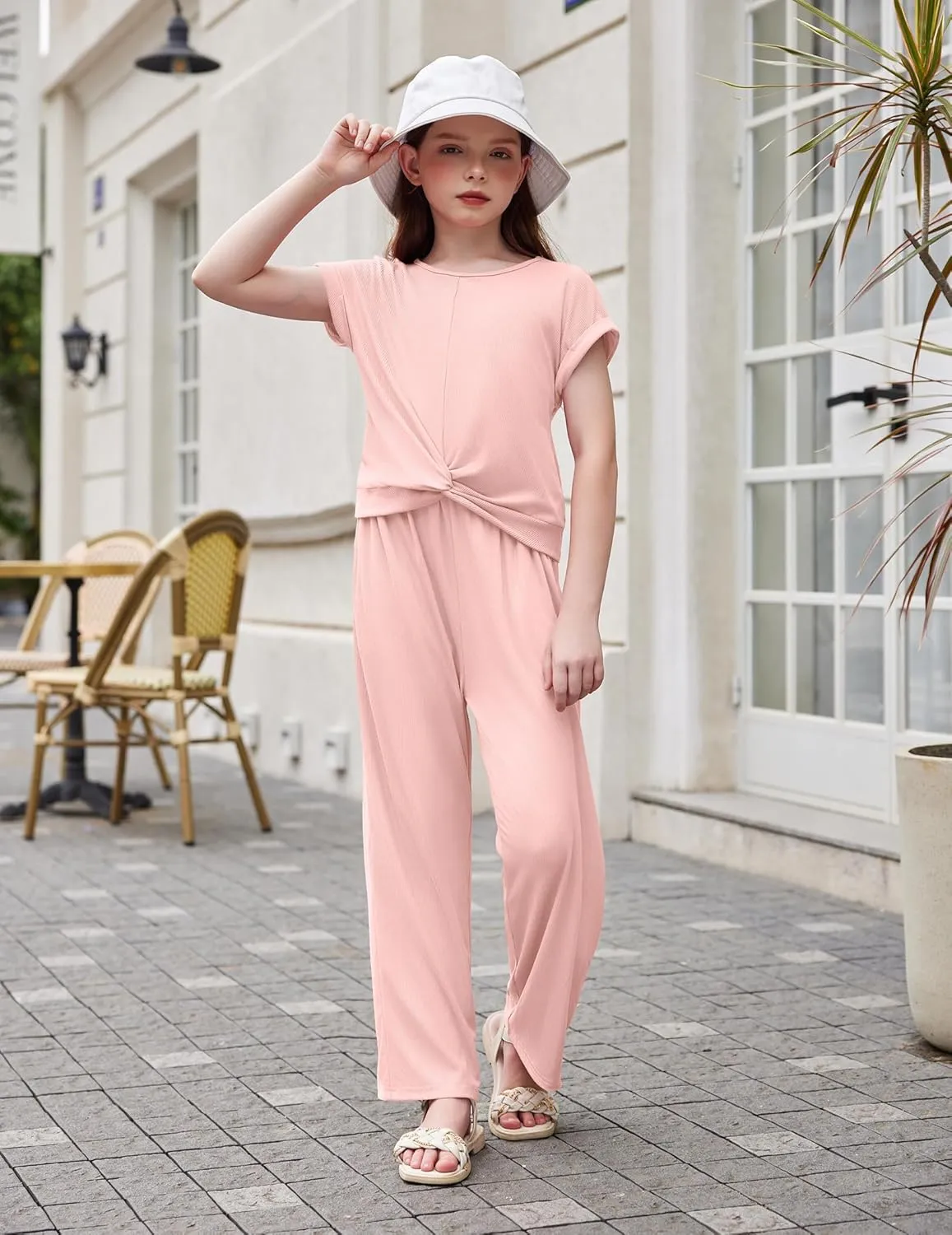 Arshiner Girls 2 Piece Outfits Twist-Front Top and Ribbed Wide Leg Pants Set