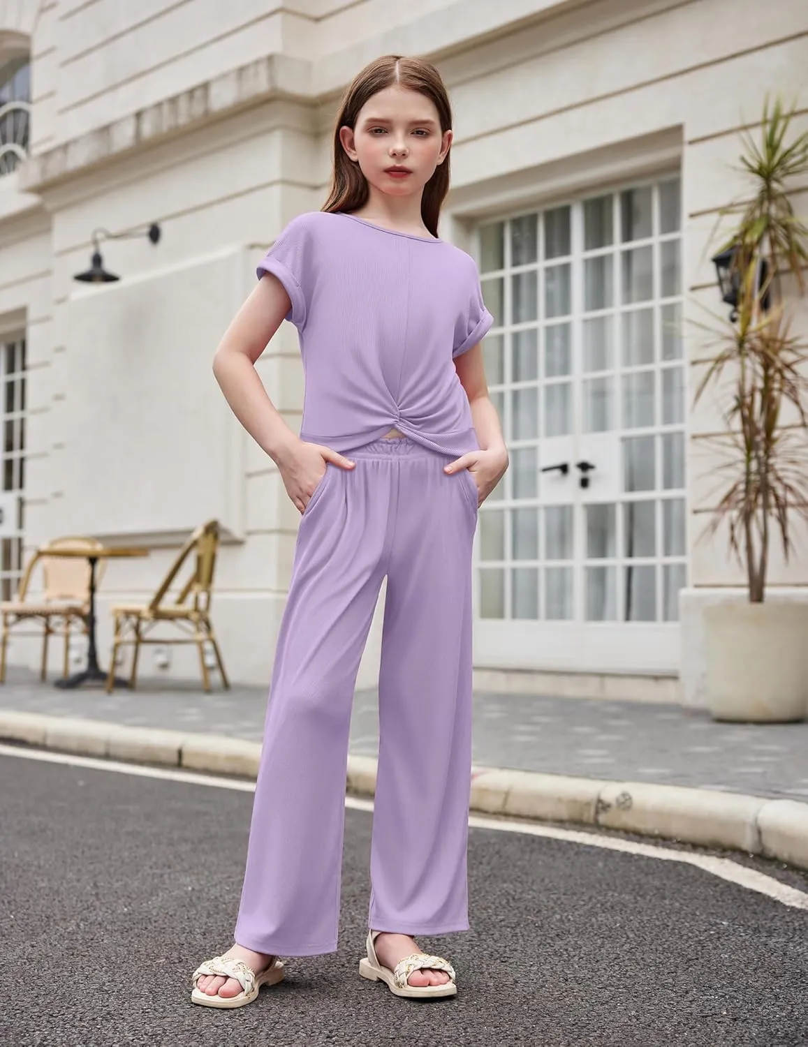 Arshiner Girls 2 Piece Outfits Twist-Front Top and Ribbed Wide Leg Pants Set