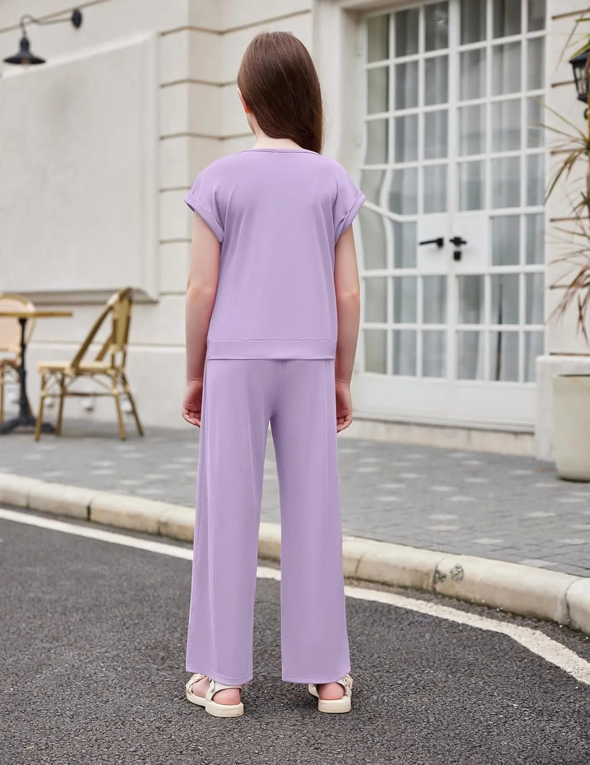Arshiner Girls 2 Piece Outfits Twist-Front Top and Ribbed Wide Leg Pants Set
