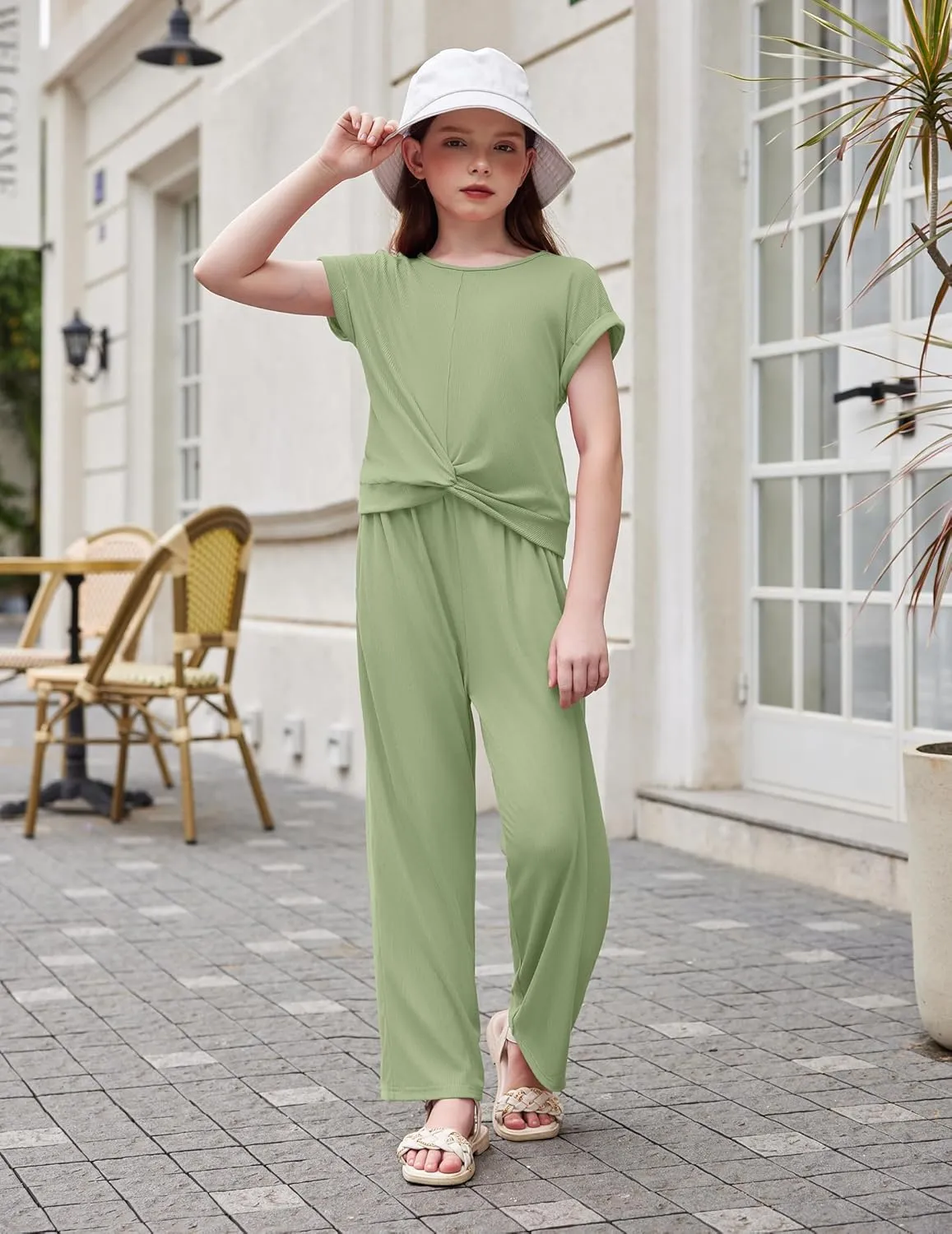 Arshiner Girls 2 Piece Outfits Twist-Front Top and Ribbed Wide Leg Pants Set