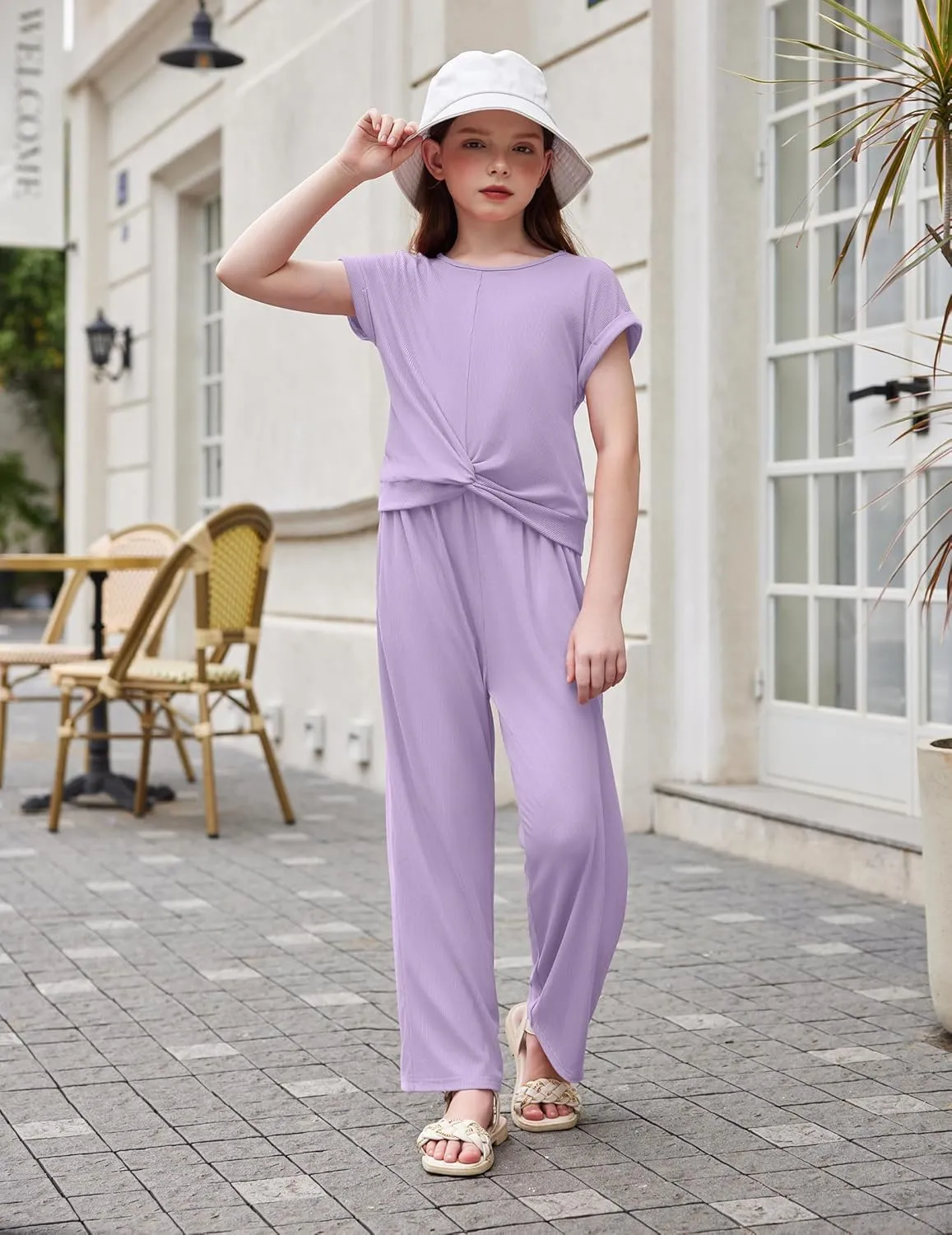Arshiner Girls 2 Piece Outfits Twist-Front Top and Ribbed Wide Leg Pants Set