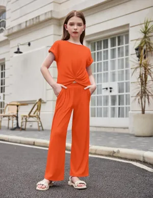Arshiner Girls 2 Piece Outfits Twist-Front Top and Ribbed Wide Leg Pants Set