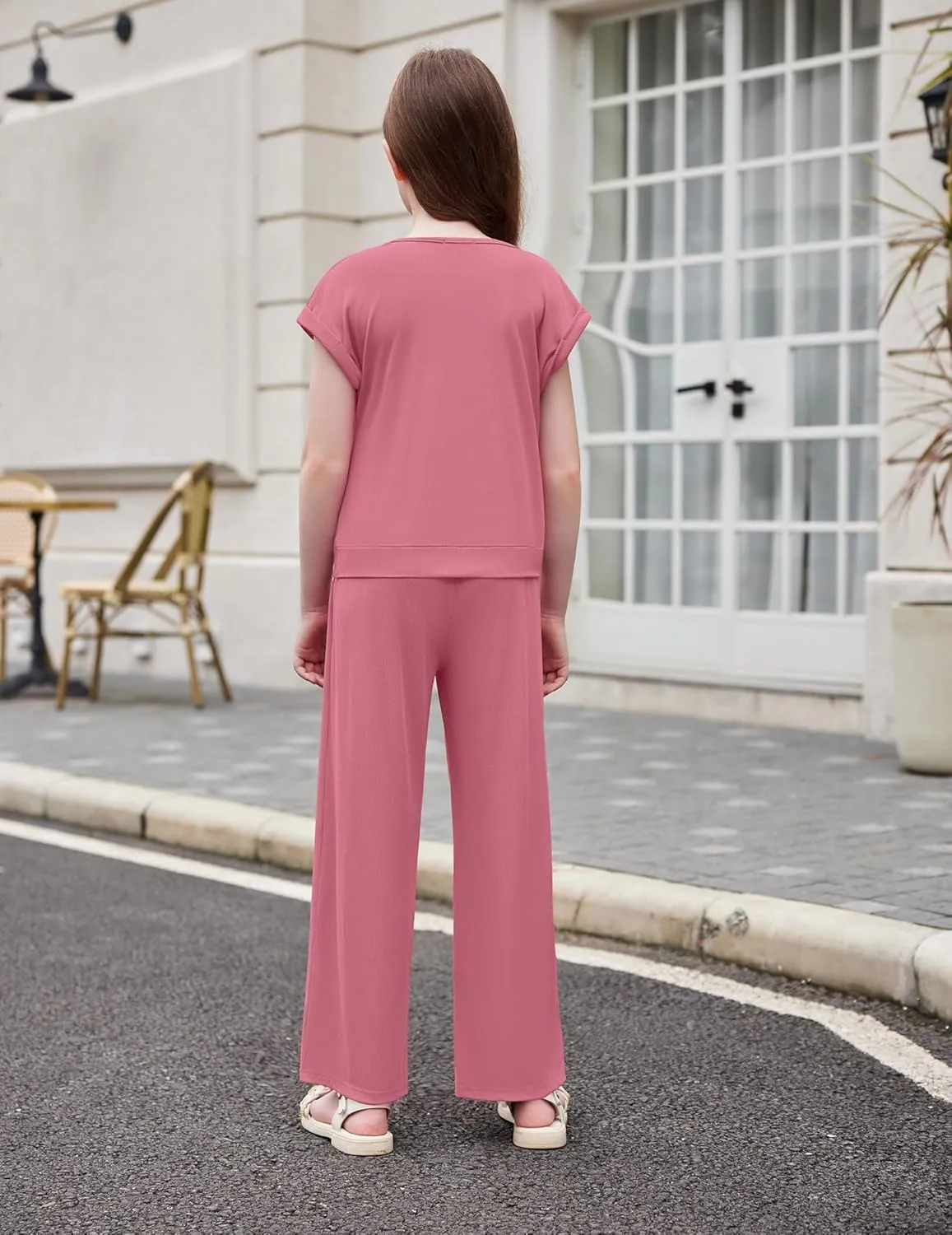Arshiner Girls 2 Piece Outfits Twist-Front Top and Ribbed Wide Leg Pants Set
