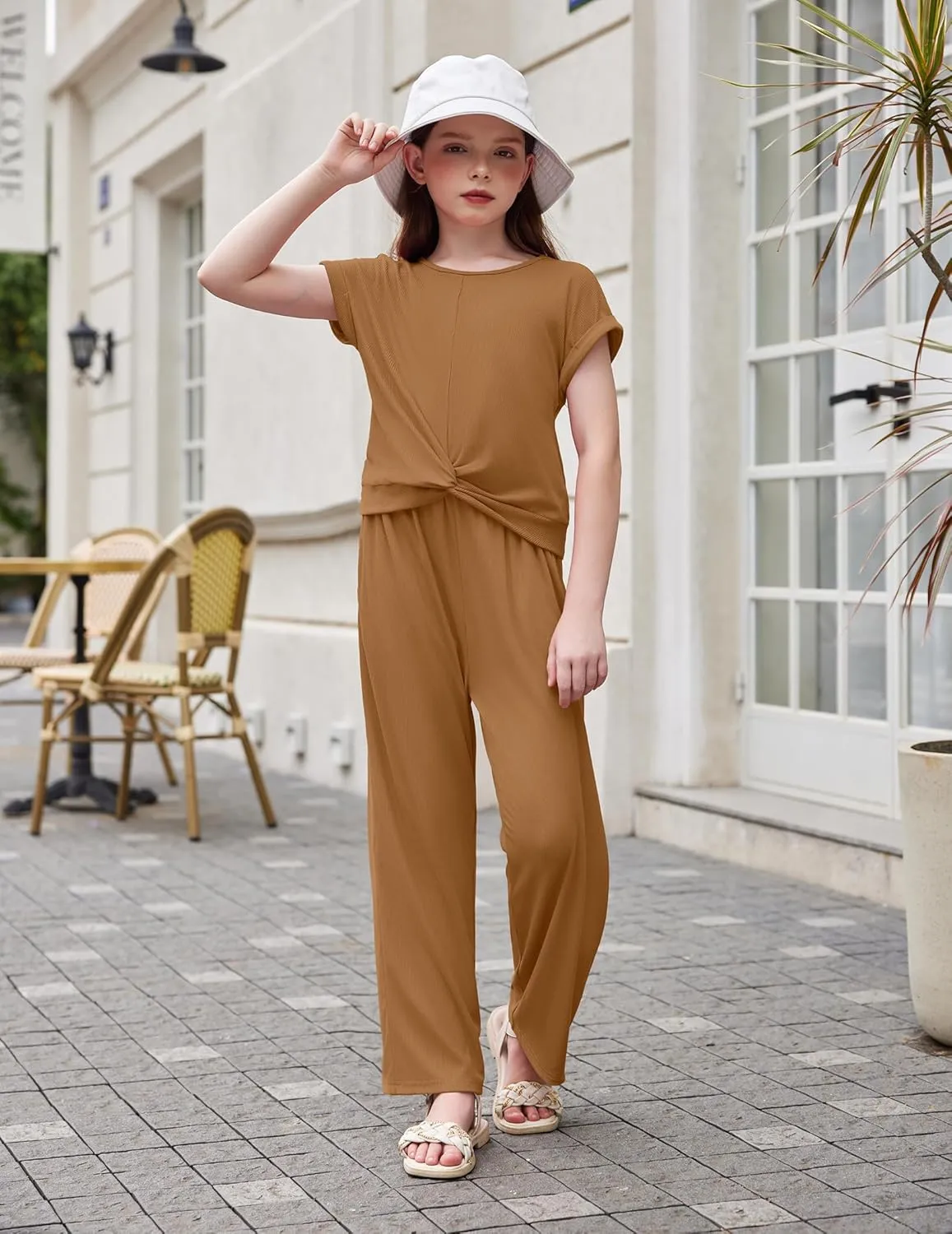 Arshiner Girls 2 Piece Outfits Twist-Front Top and Ribbed Wide Leg Pants Set