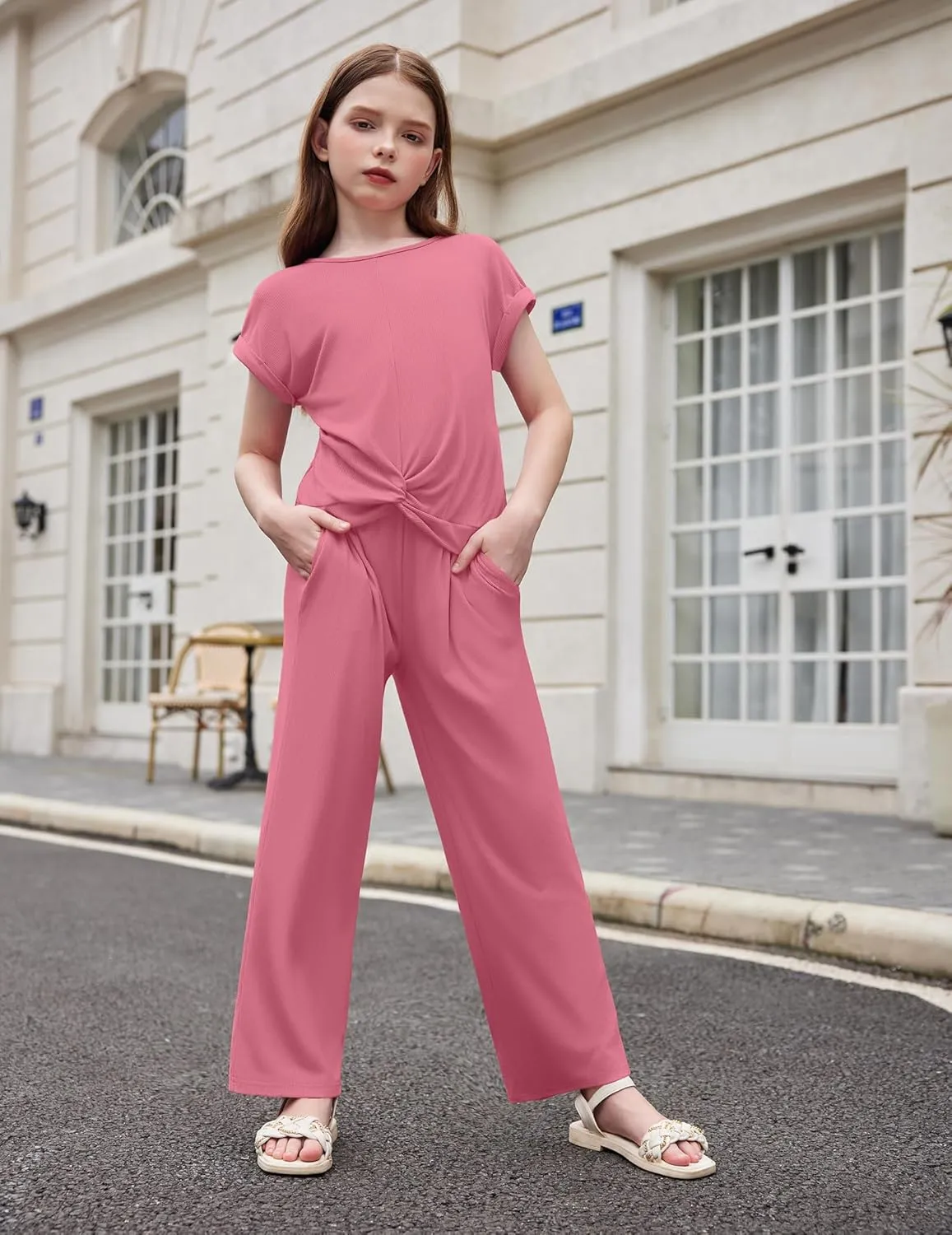 Arshiner Girls 2 Piece Outfits Twist-Front Top and Ribbed Wide Leg Pants Set