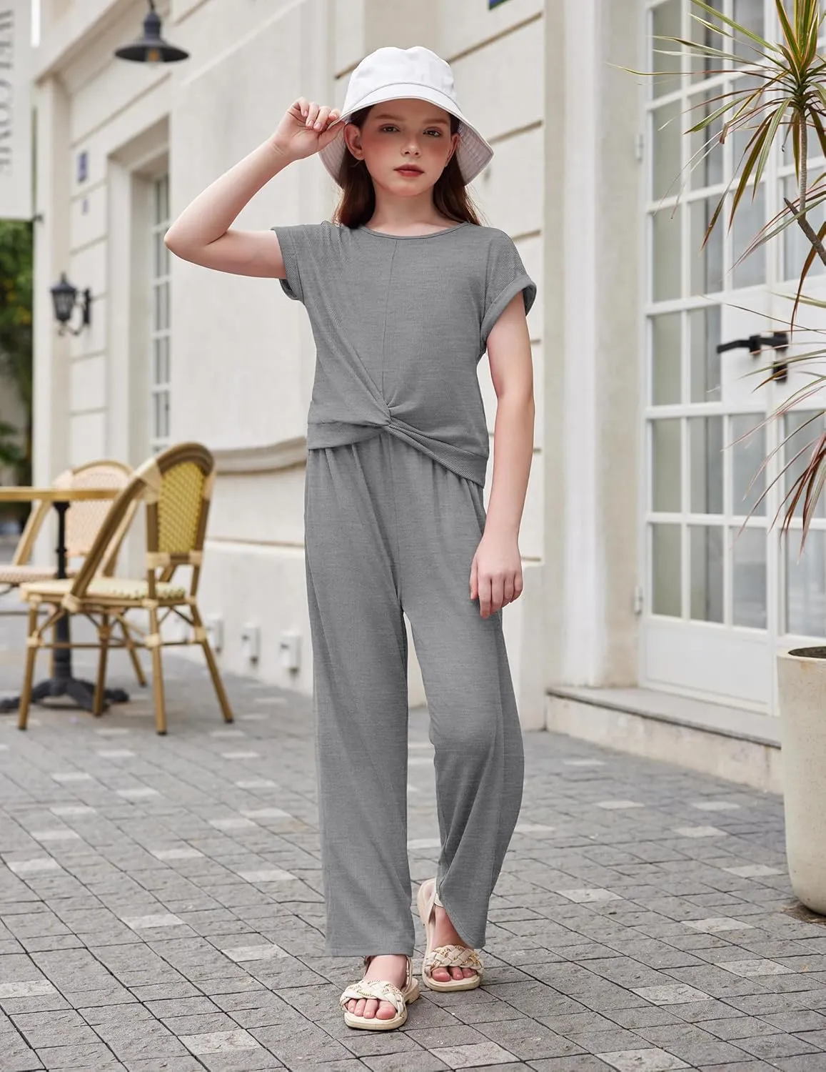 Arshiner Girls 2 Piece Outfits Twist-Front Top and Ribbed Wide Leg Pants Set