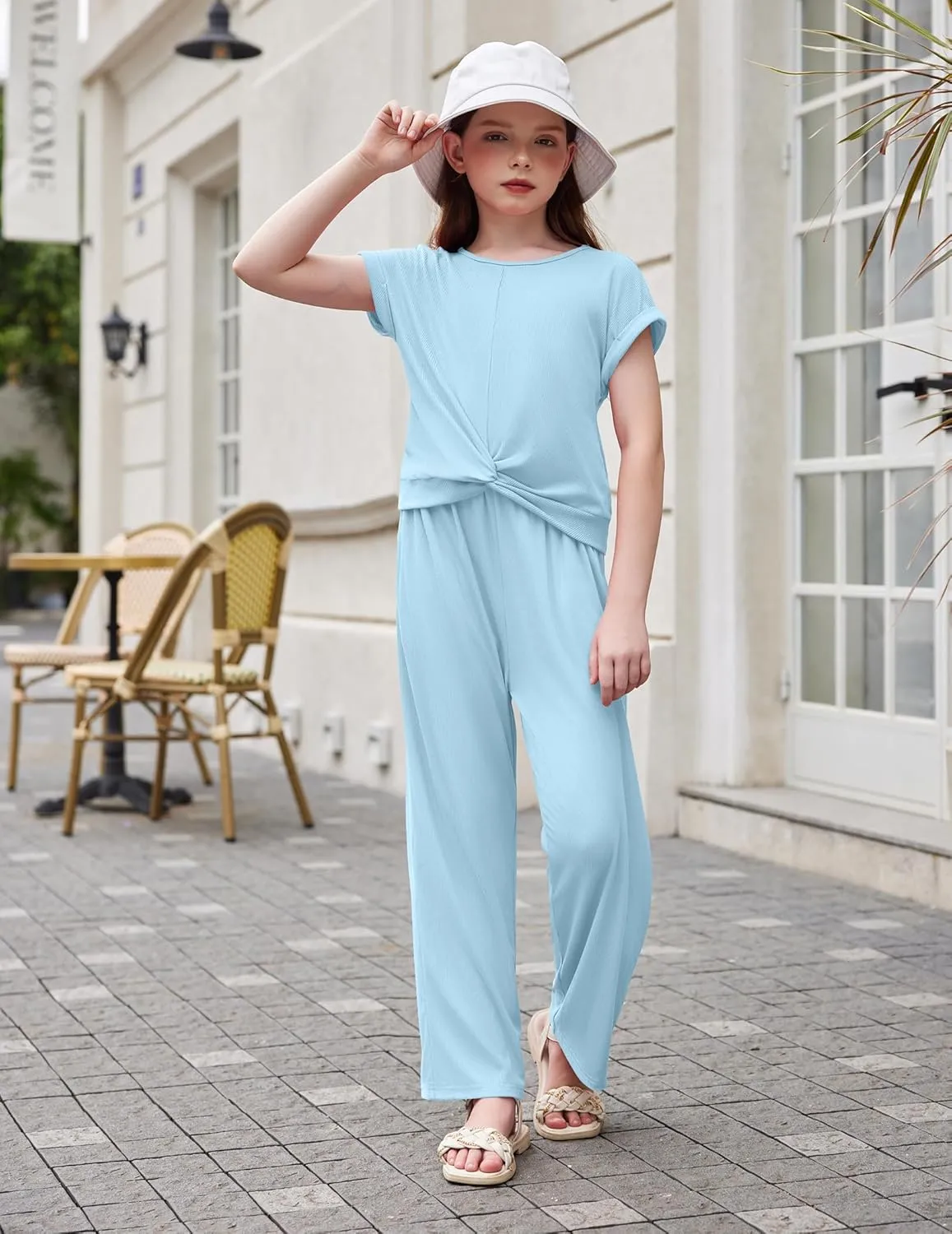 Arshiner Girls 2 Piece Outfits Twist-Front Top and Ribbed Wide Leg Pants Set