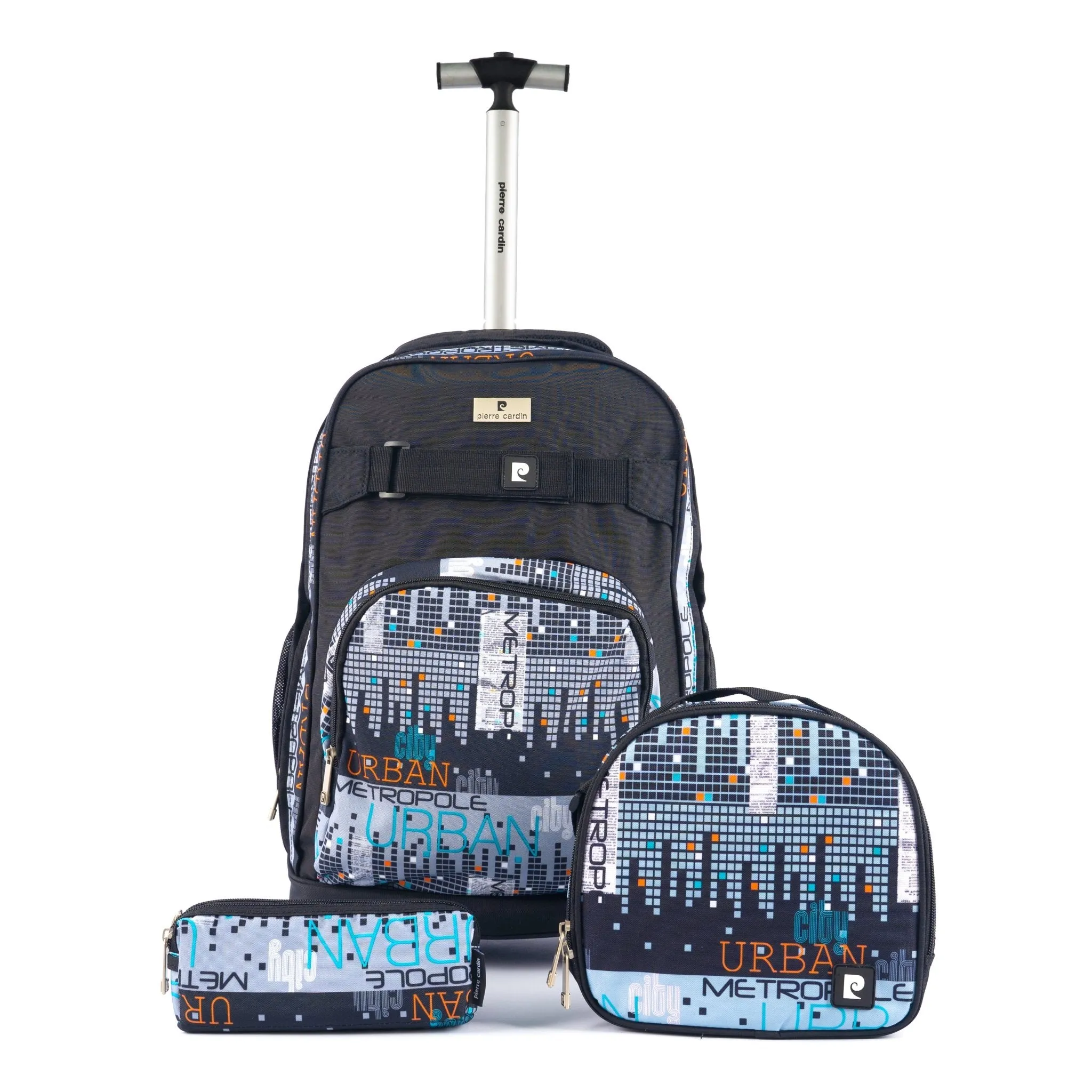 Backpack Trolley with Lunch Bag   Pencil Case black with blue-yellow-red round shape