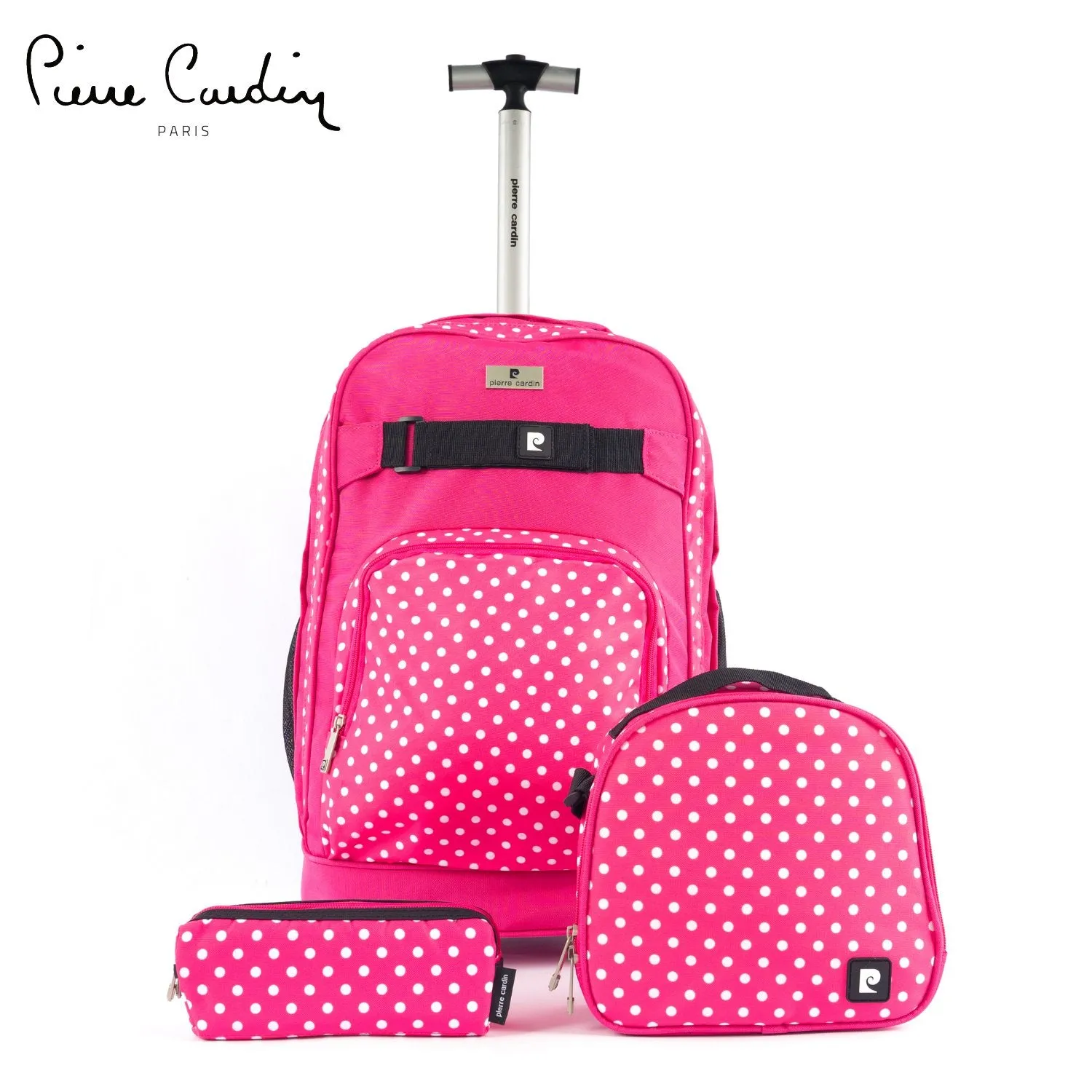 Backpack Trolley with Lunch Bag   Pencil Case black with blue-yellow-red round shape