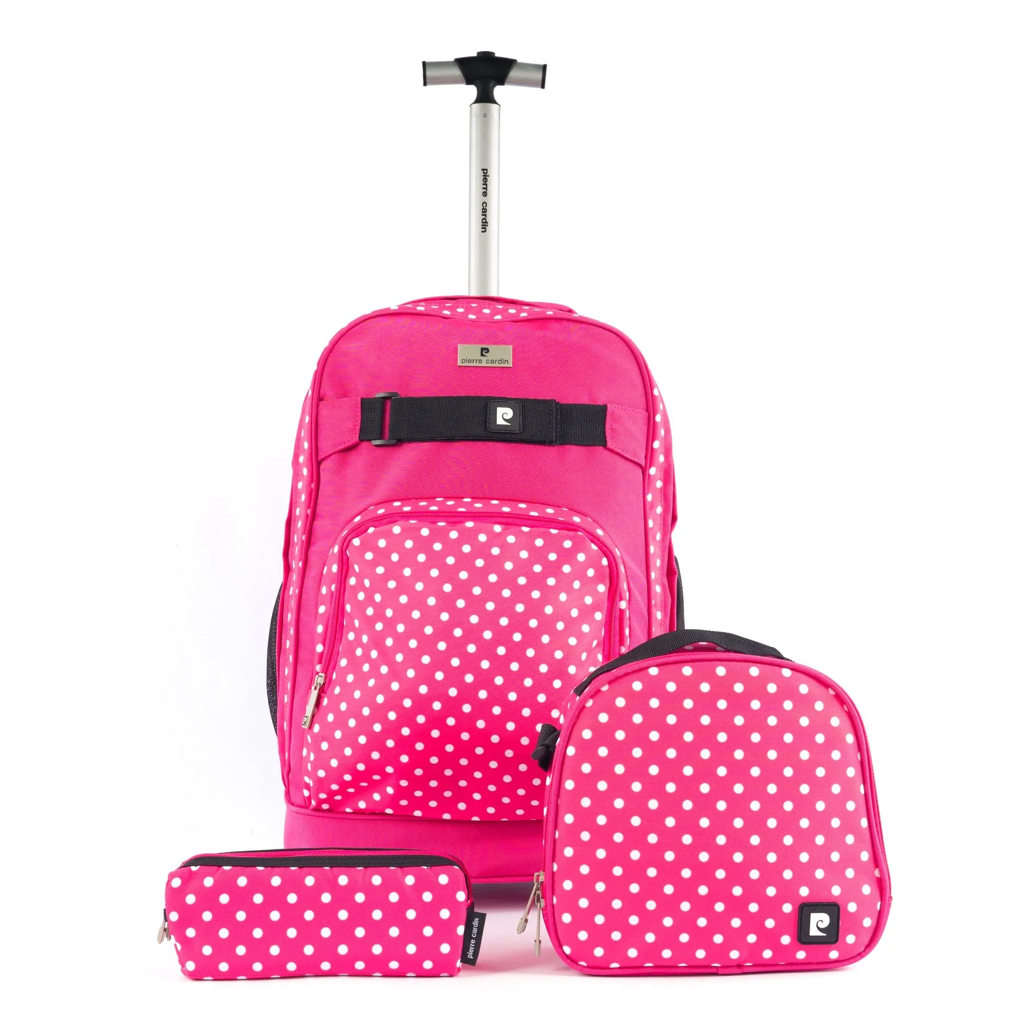 Backpack Trolley with Lunch Bag   Pencil Case black with blue-yellow-red round shape