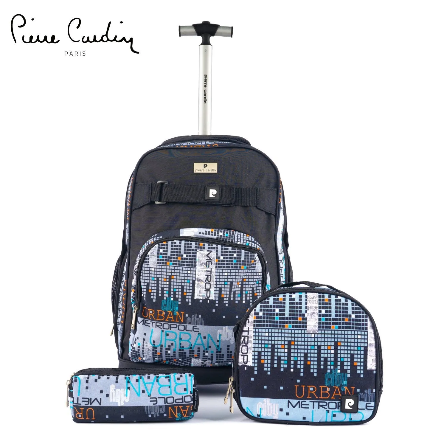 Backpack Trolley with Lunch Bag   Pencil Case black with blue-yellow-red round shape