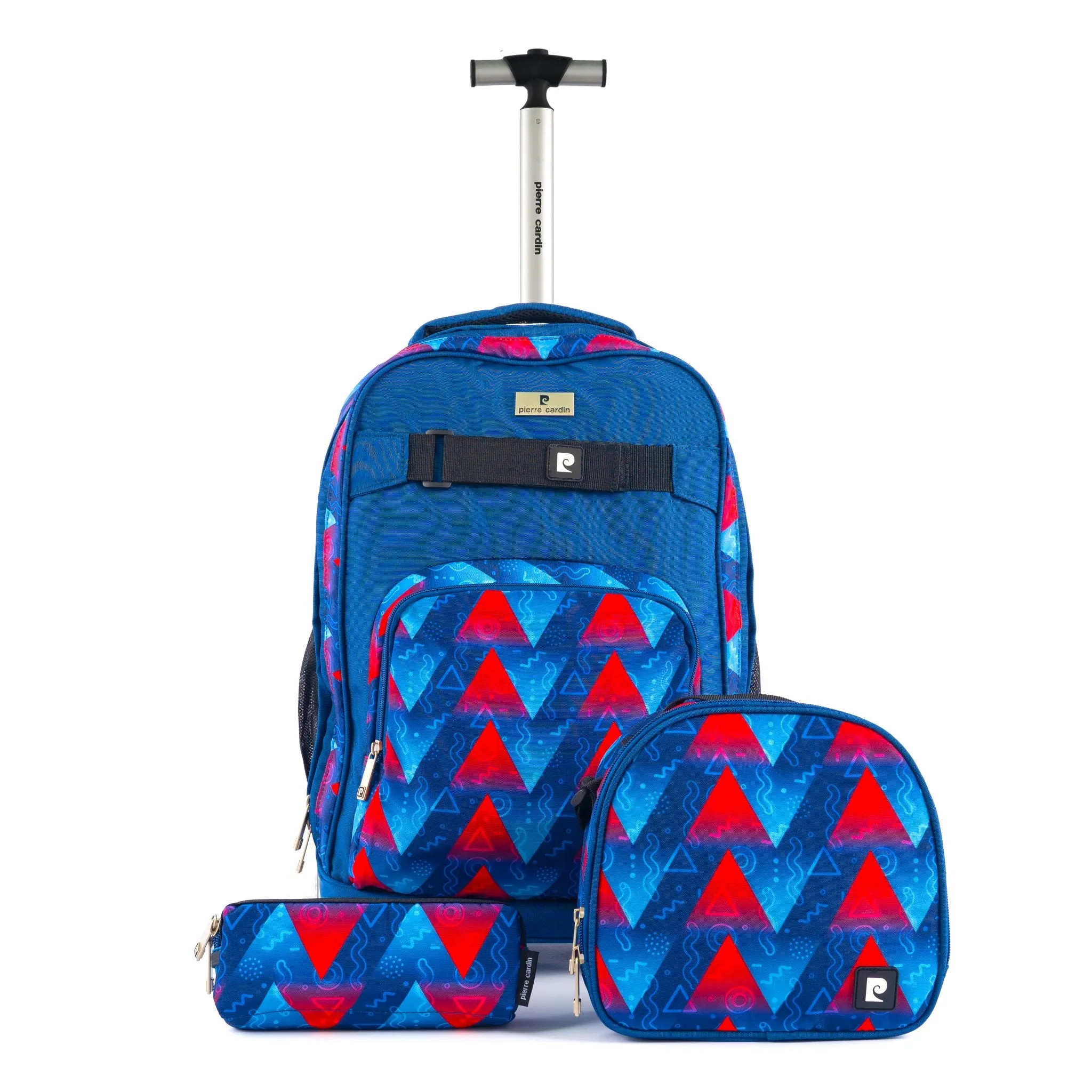 Backpack Trolley with Lunch Bag   Pencil Case black with blue-yellow-red round shape