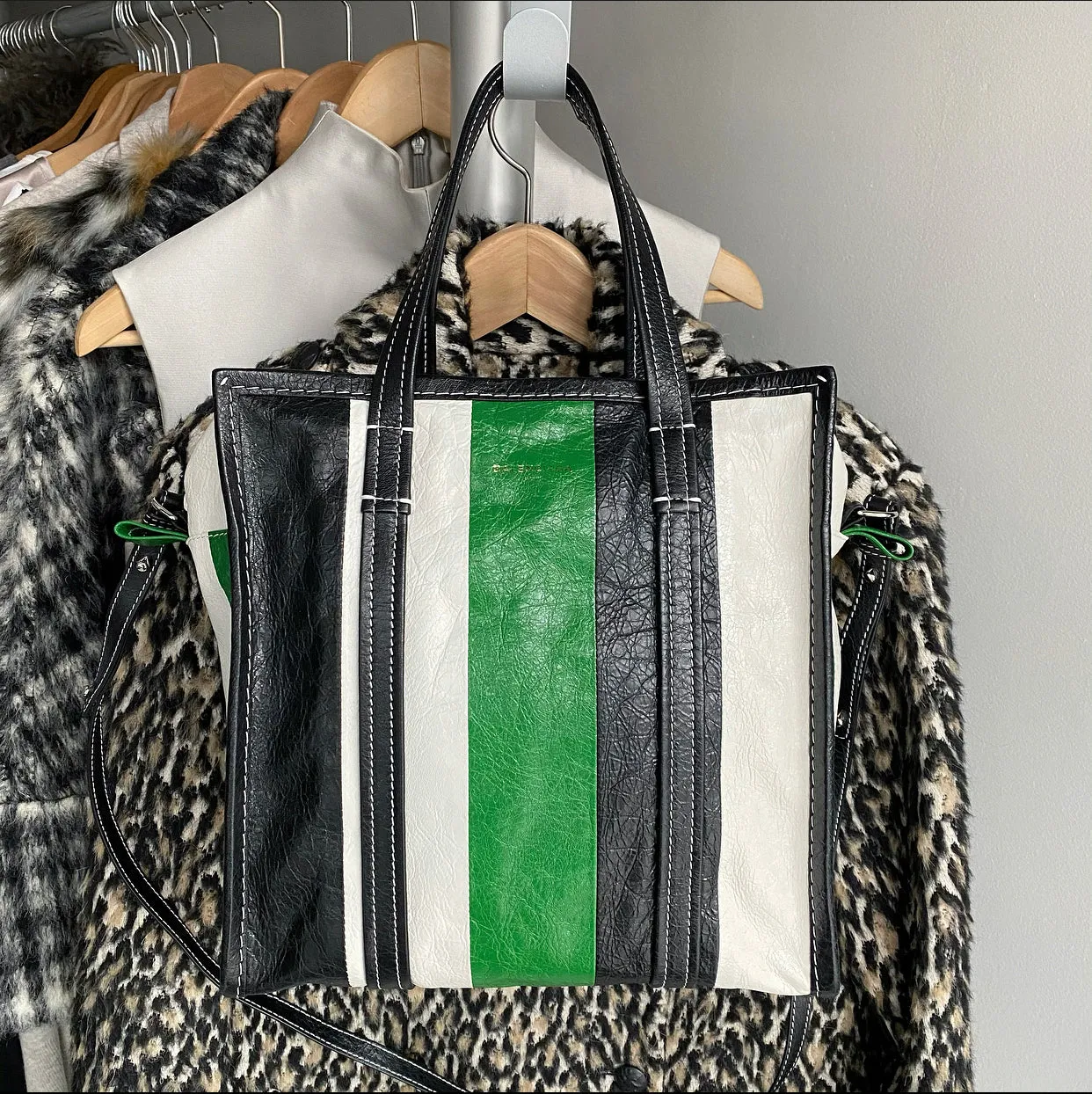 Balenciaga Bazaar Striped Green and Black Small Tote Bag