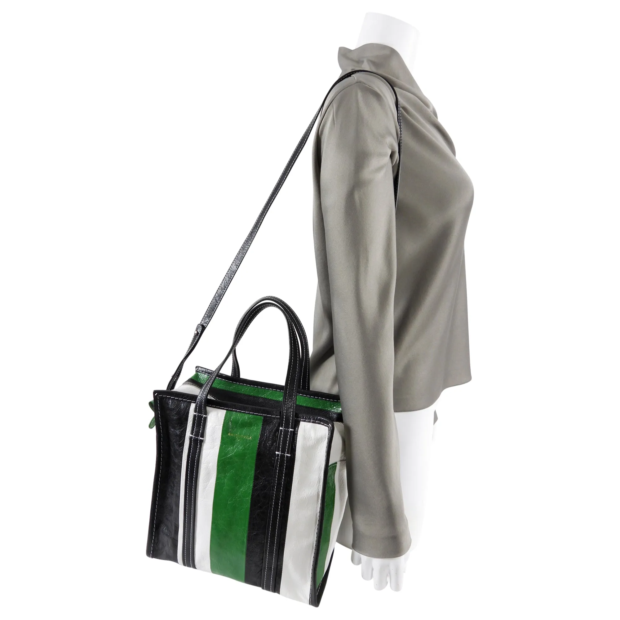 Balenciaga Bazaar Striped Green and Black Small Tote Bag