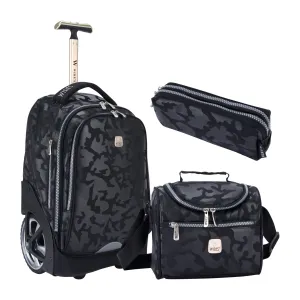 Black Camouflage Big Wheel School Bag Trolley Set of 3 (Lunch Bag & Pencil Case)