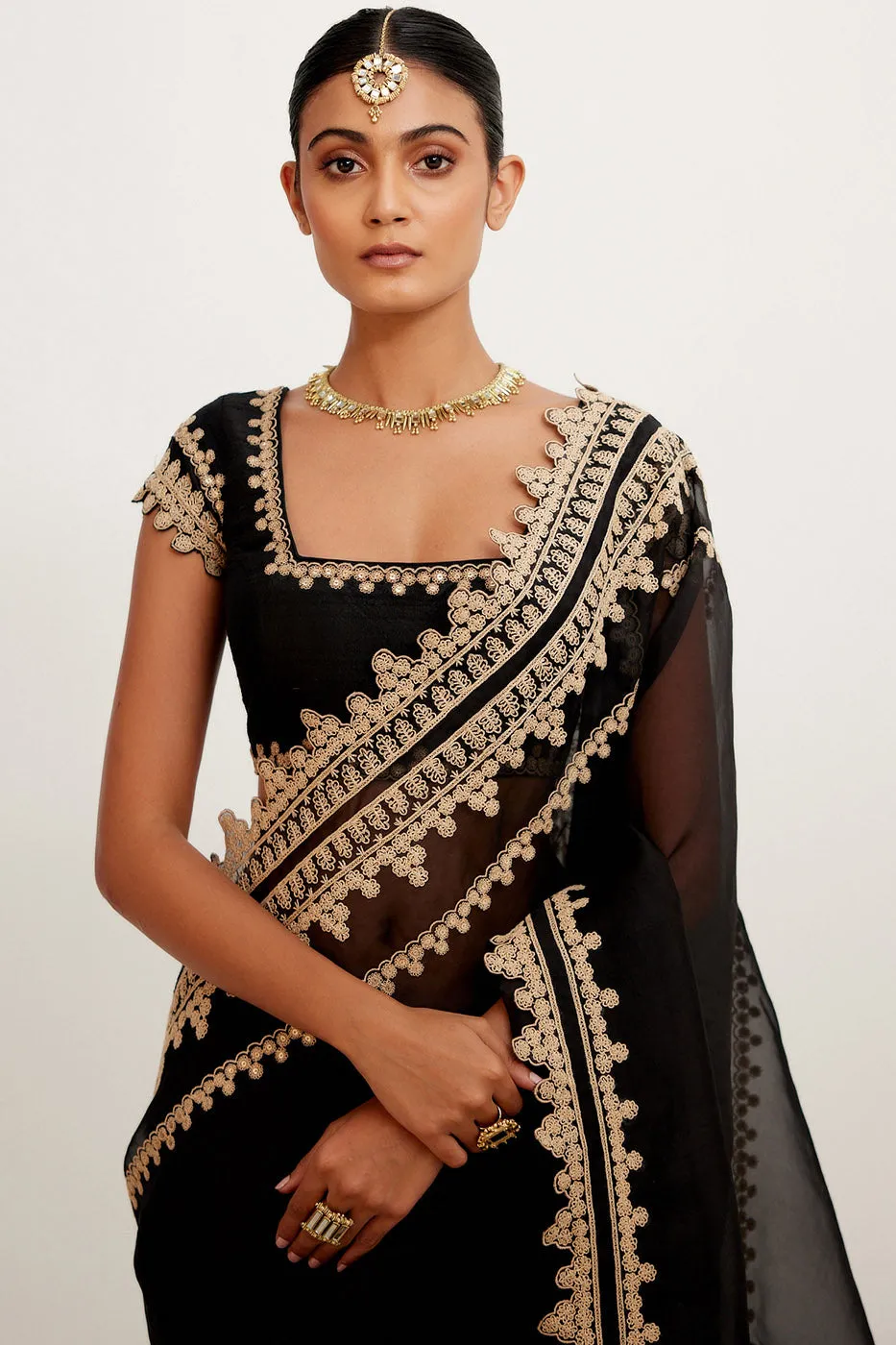 Black Embroidered Georgette Organza Saree