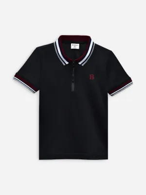 Black Interlock Zipper Polo With Contrasting Collar