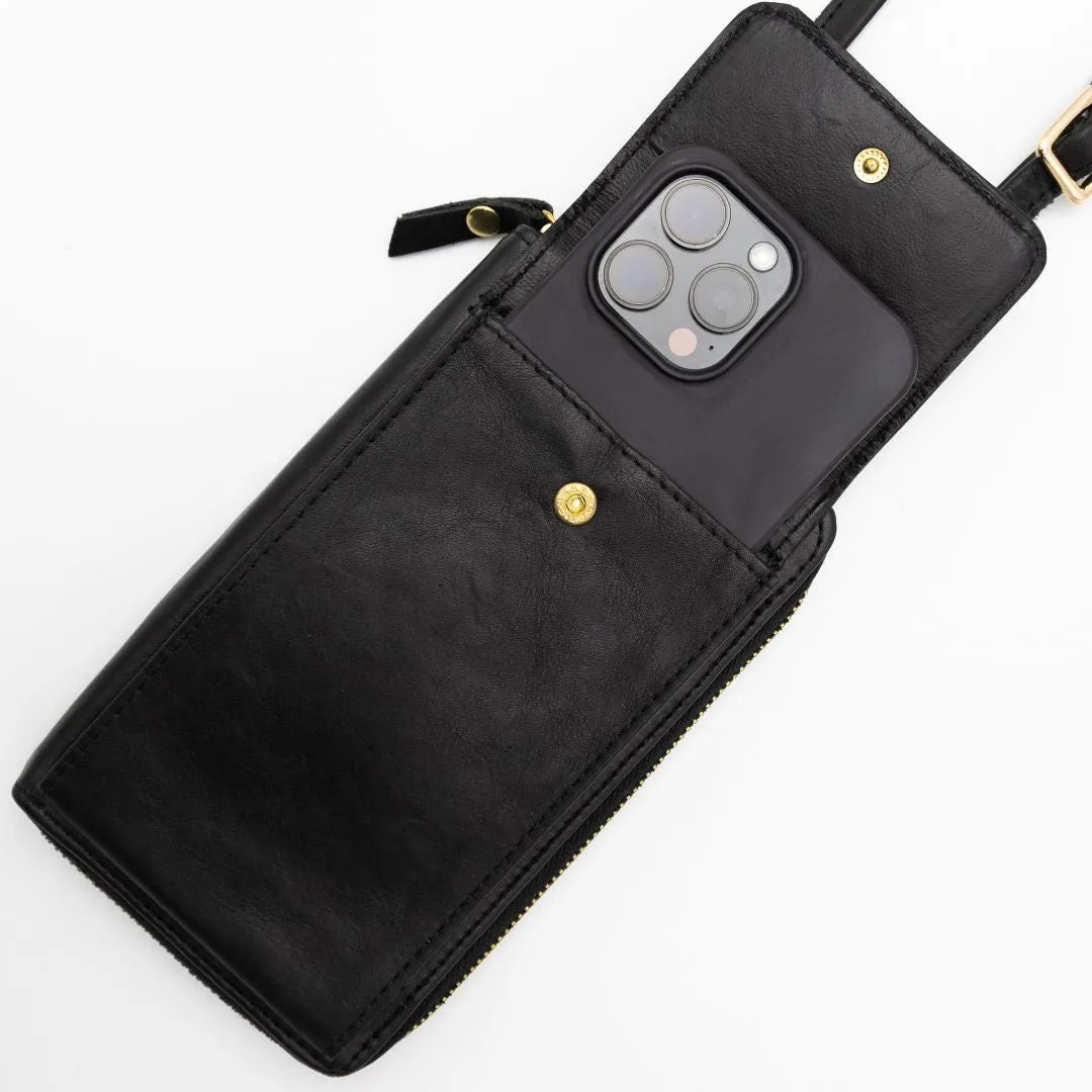 Black Leather Phone Purse Bag (w Gold Fittings)
