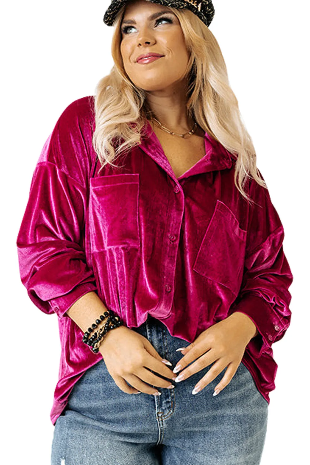 Bright Pink Plus Size Velvet Chest Pocket Drop Shoulder Shirt