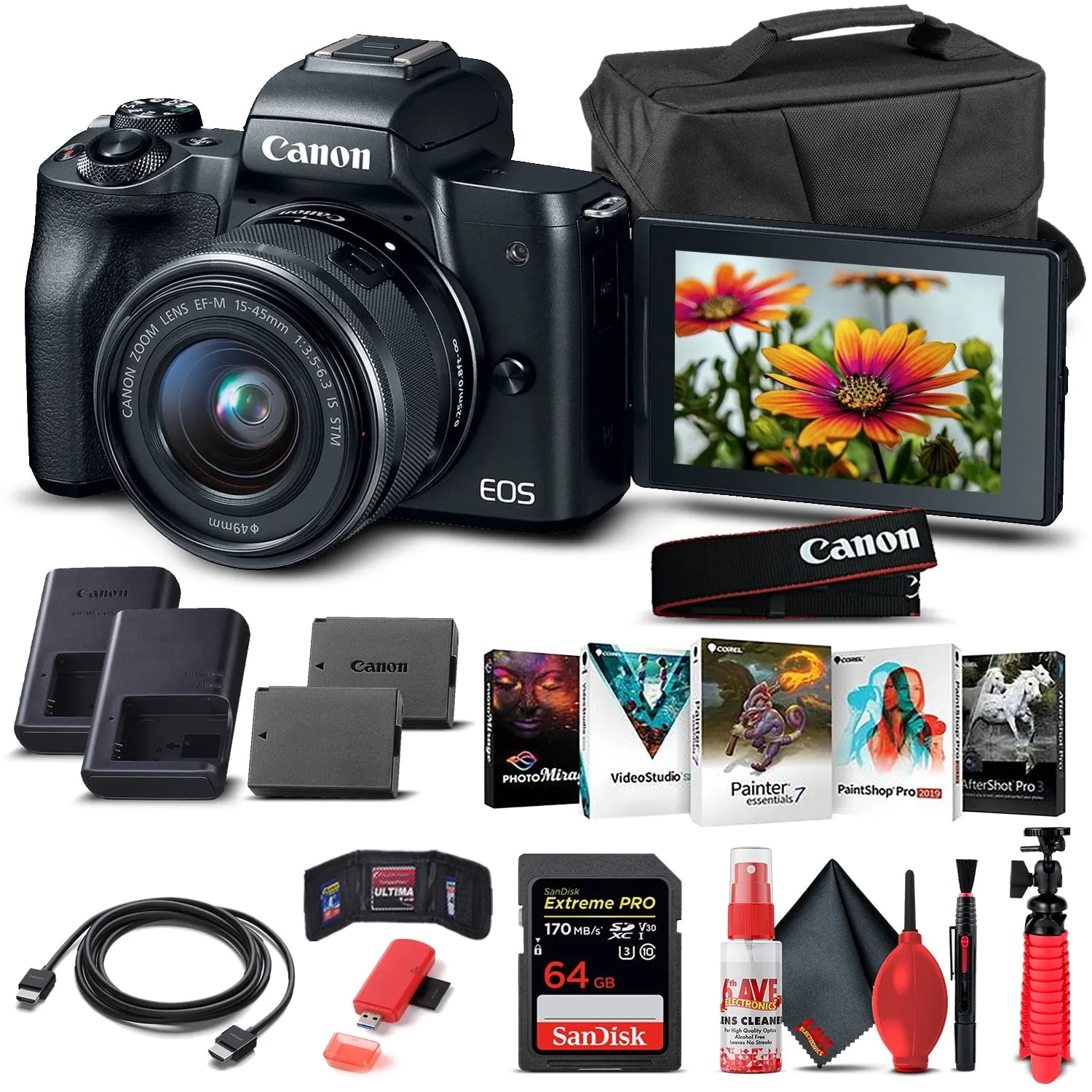 Canon EOS M50 Mirrorless Camera W/ 15-45mm Lens Black 2680C011  - Basic Bundle