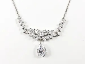 Classic Elegant Floral Pattern Frame & Pear Shape CZ Drop Brass Necklace