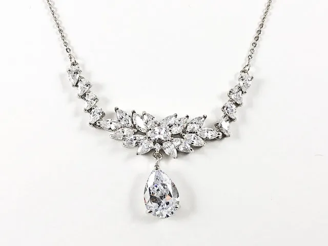 Classic Elegant Floral Pattern Frame & Pear Shape CZ Drop Brass Necklace