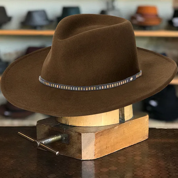 Classic Wide-Brim Fedora Hat with Elegant Brown Finish and Unique Black-Blue Band