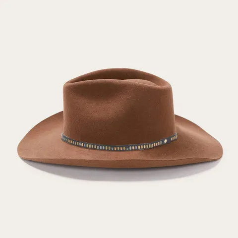 Classic Wide-Brim Fedora Hat with Elegant Brown Finish and Unique Black-Blue Band
