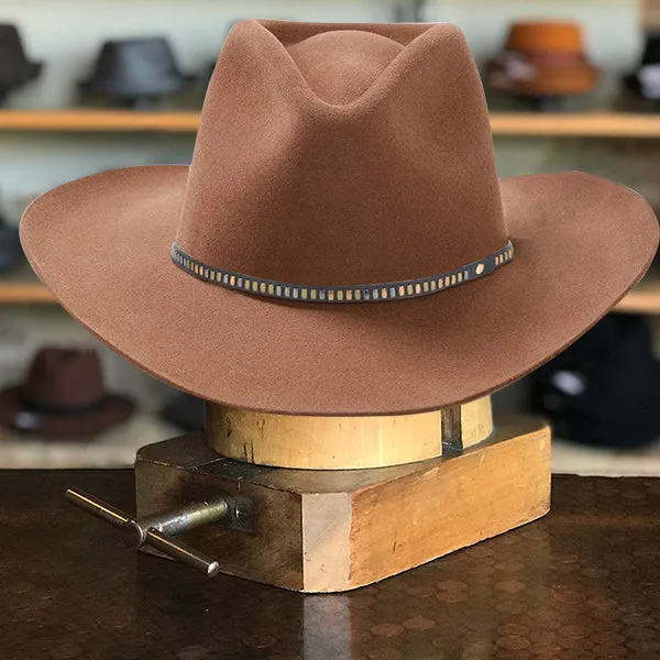 Classic Wide-Brim Fedora Hat with Elegant Brown Finish and Unique Black-Blue Band
