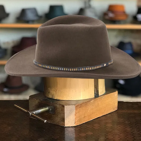 Classic Wide-Brim Fedora Hat with Elegant Brown Finish and Unique Black-Blue Band