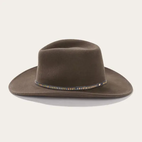 Classic Wide-Brim Fedora Hat with Elegant Brown Finish and Unique Black-Blue Band