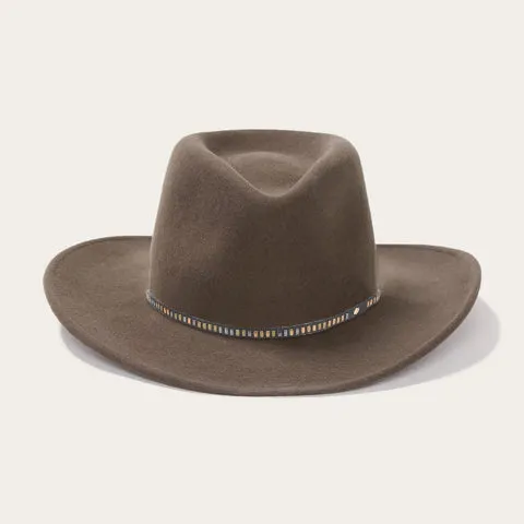 Classic Wide-Brim Fedora Hat with Elegant Brown Finish and Unique Black-Blue Band