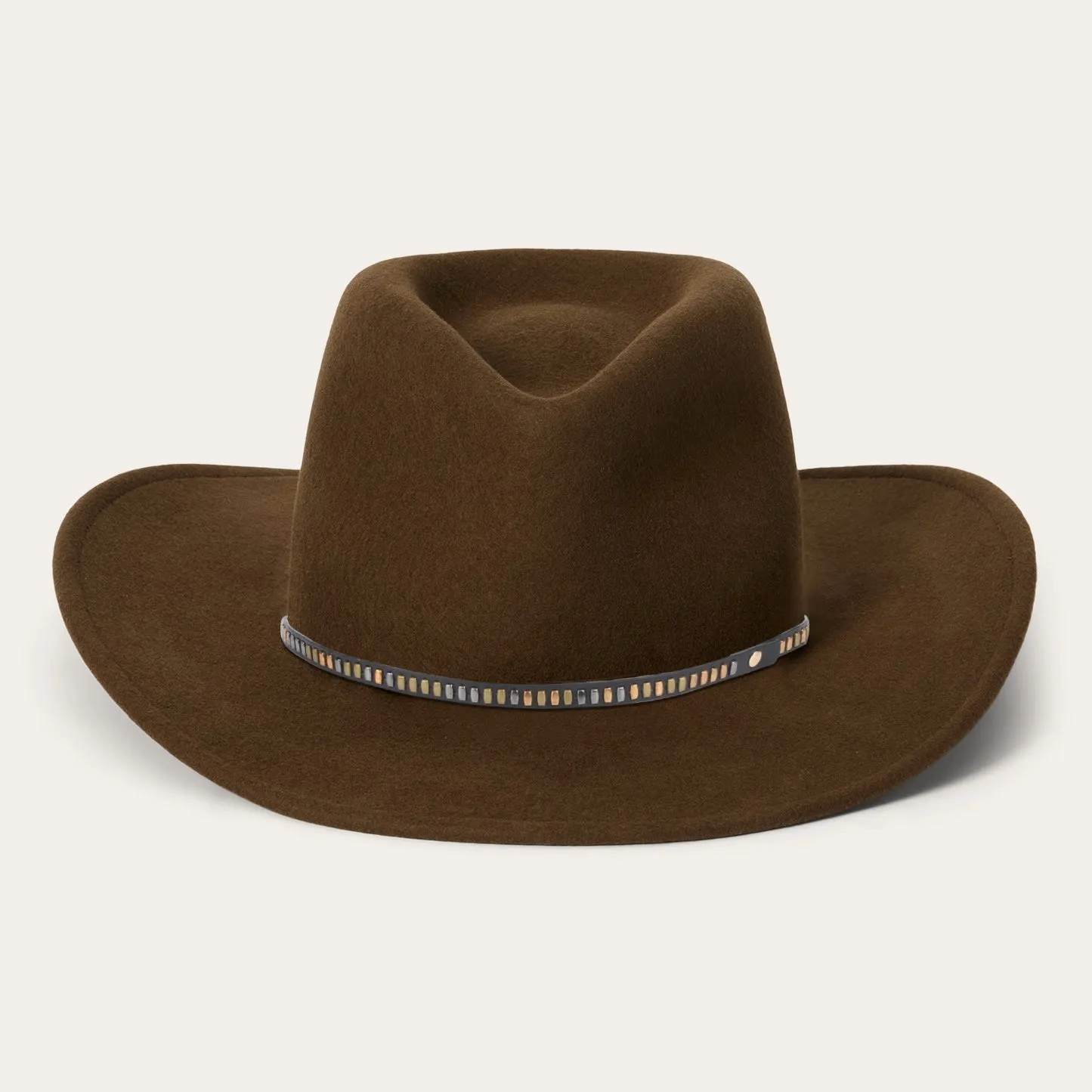 Classic Wide-Brim Fedora Hat with Elegant Brown Finish and Unique Black-Blue Band