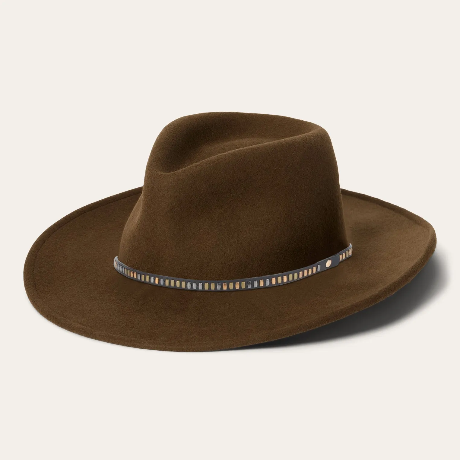Classic Wide-Brim Fedora Hat with Elegant Brown Finish and Unique Black-Blue Band
