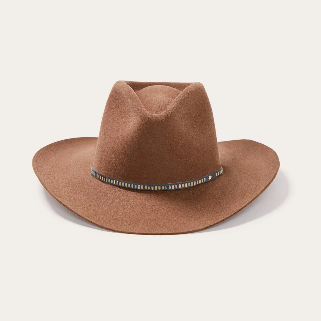 Classic Wide-Brim Fedora Hat with Elegant Brown Finish and Unique Black-Blue Band