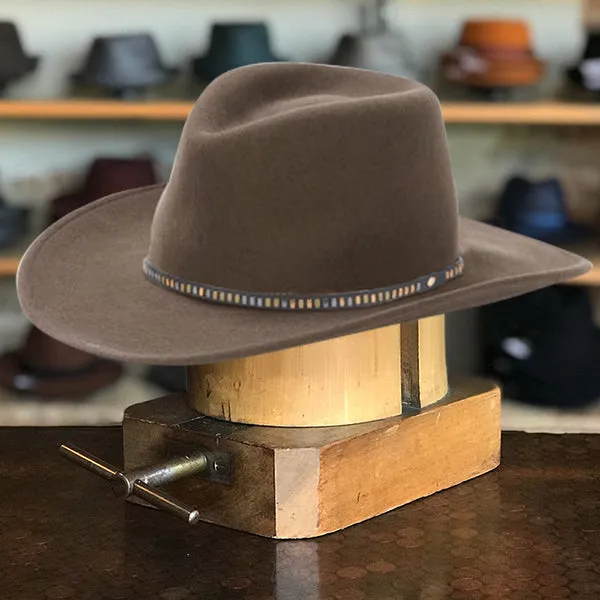 Classic Wide-Brim Fedora Hat with Elegant Brown Finish and Unique Black-Blue Band