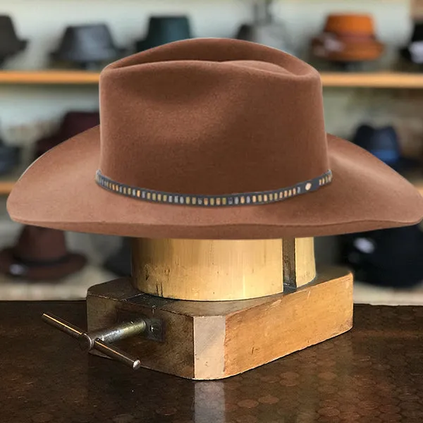 Classic Wide-Brim Fedora Hat with Elegant Brown Finish and Unique Black-Blue Band