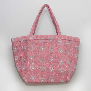 Cotton Quilted Large Shopping / Beach Bag - Peachy Pink Floral Jaal