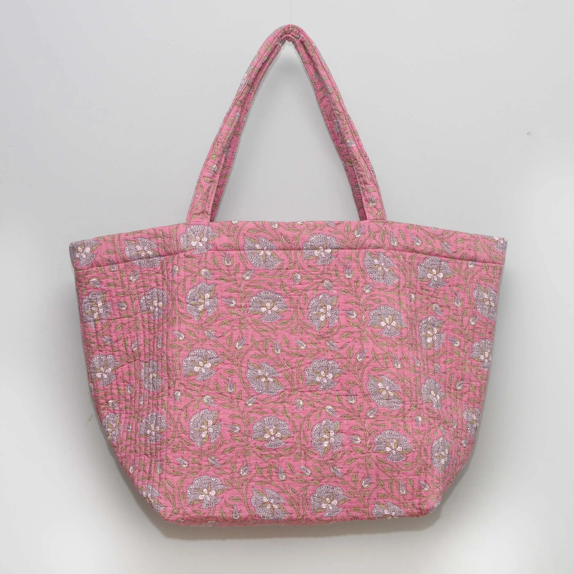Cotton Quilted Large Shopping / Beach Bag - Peachy Pink Floral Jaal