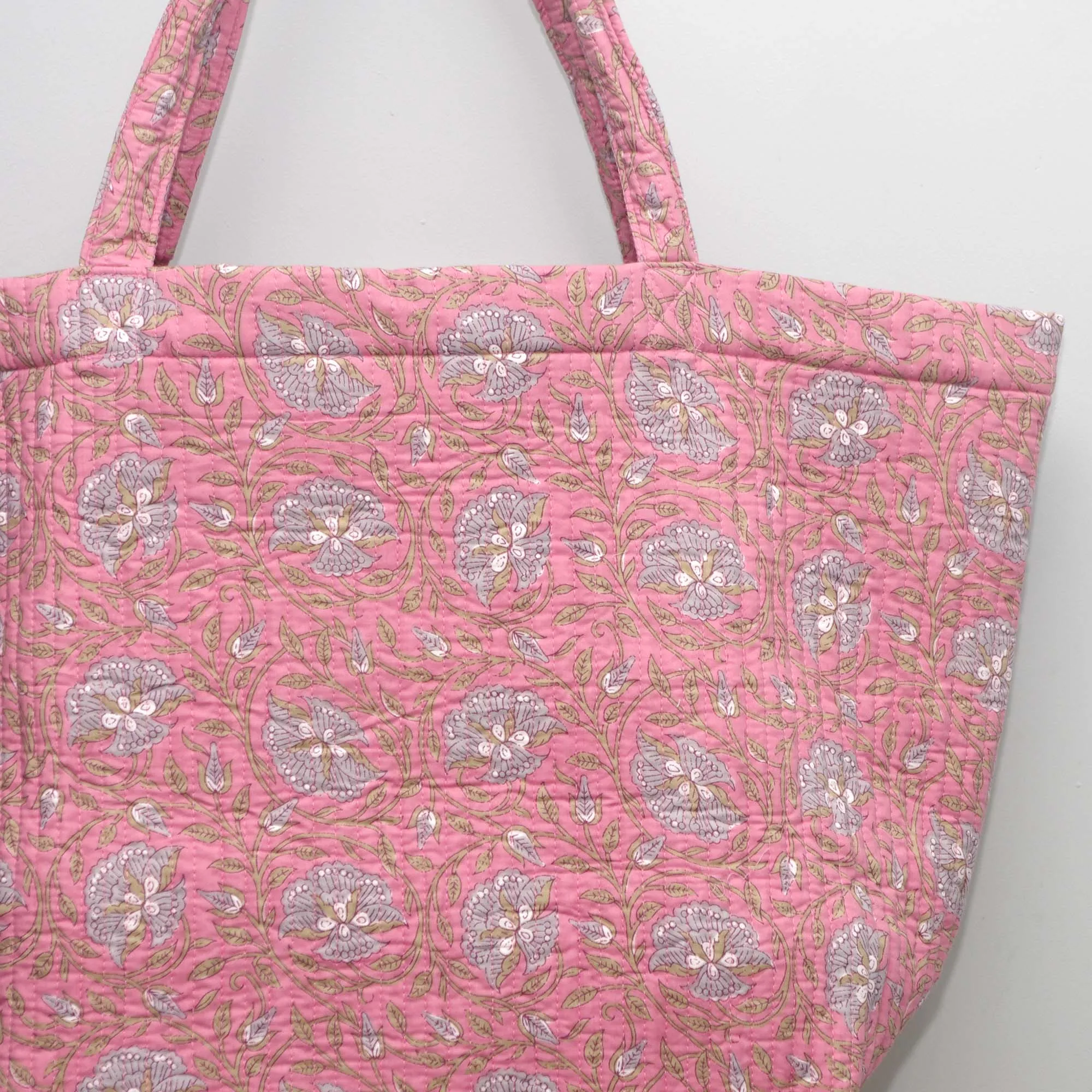 Cotton Quilted Large Shopping / Beach Bag - Peachy Pink Floral Jaal