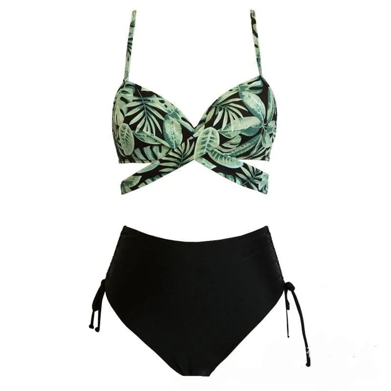 Cross front contrast self tie ruffle top 3 piece swimwear