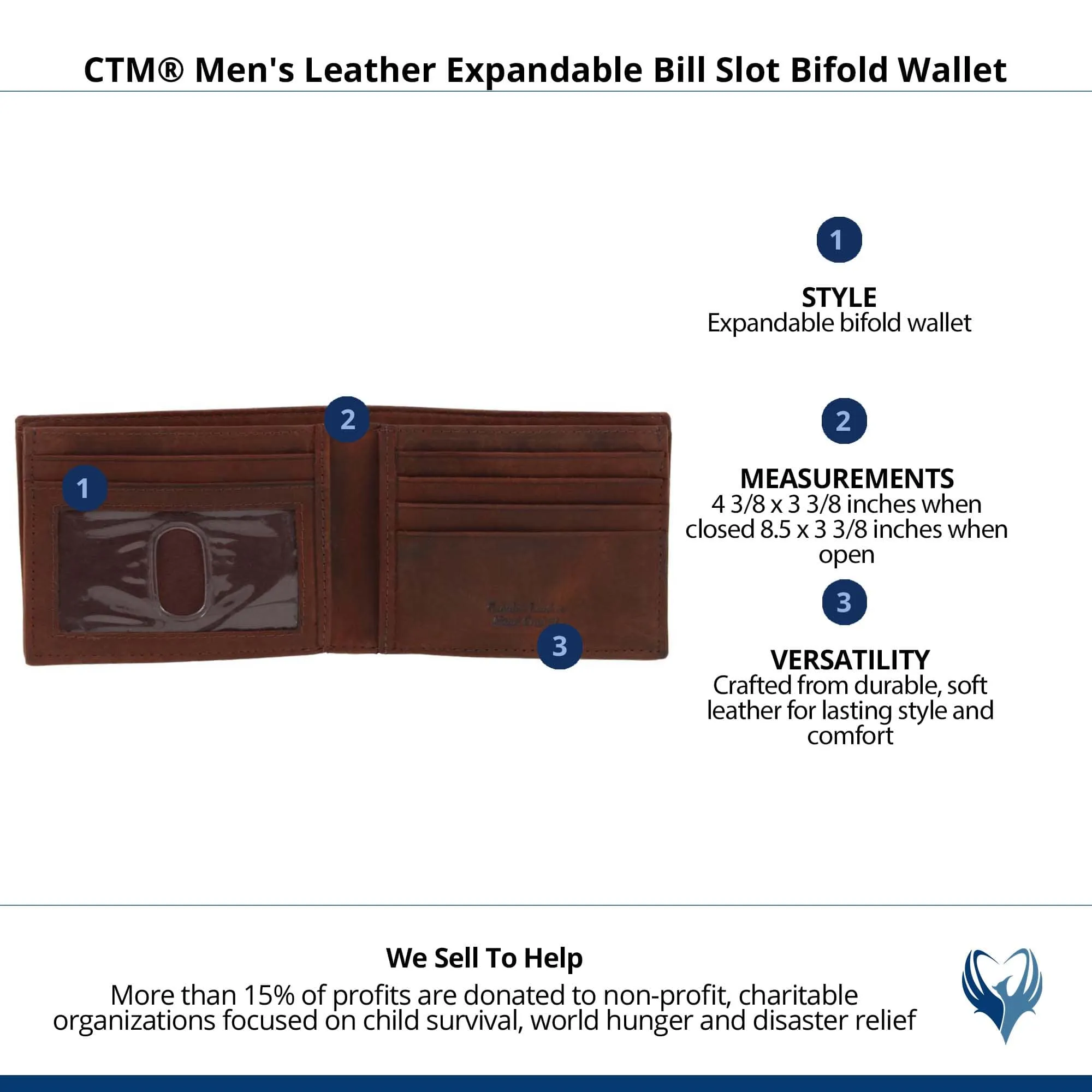 CTM® Men's Leather Expandable Bill Slot Bifold Wallet