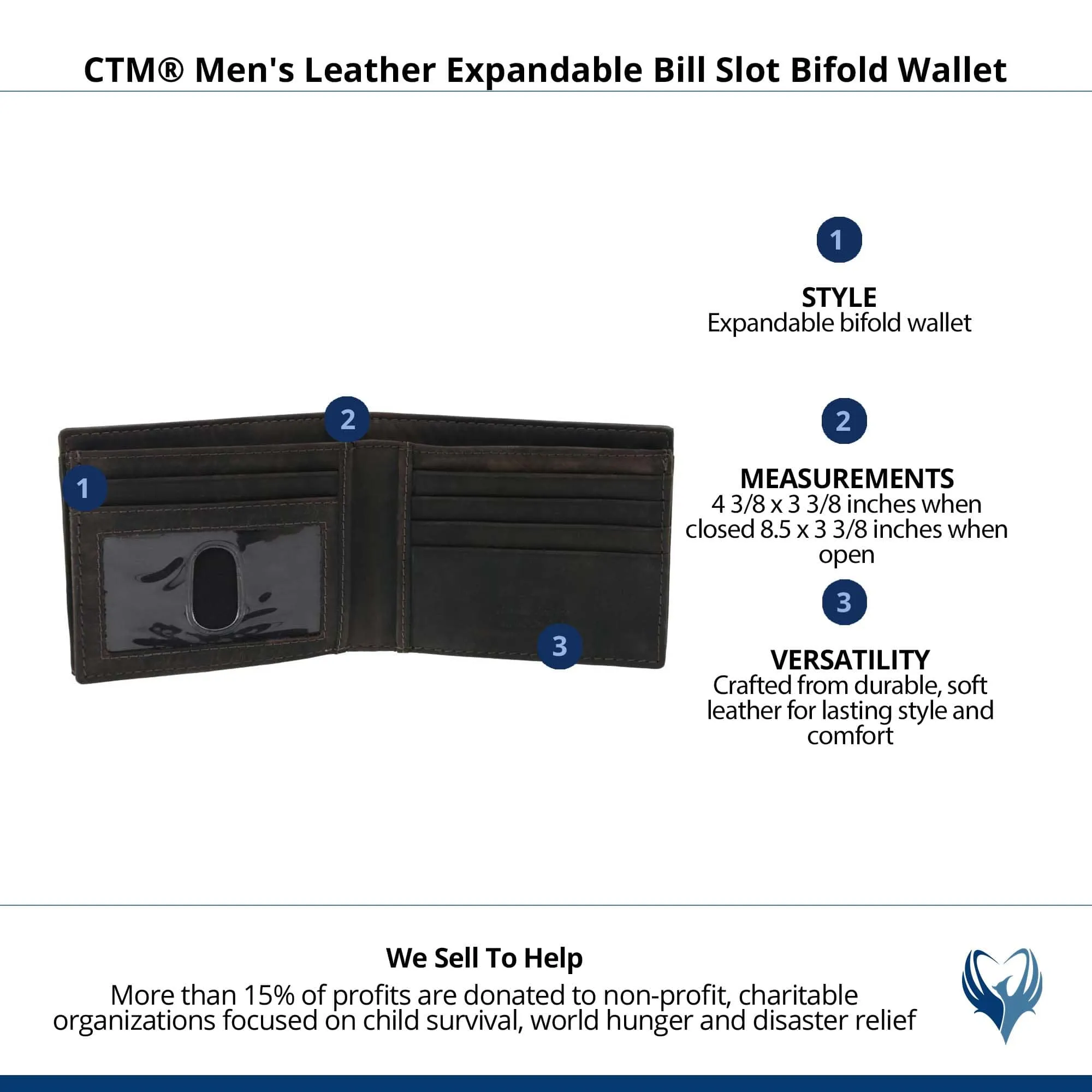 CTM® Men's Leather Expandable Bill Slot Bifold Wallet